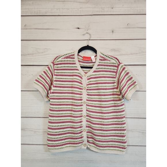 Liz Claiborne Women's Multicolor Stripe Short Sleeve Button‎ Front Cardigan Sz L - Picture 1 of 5